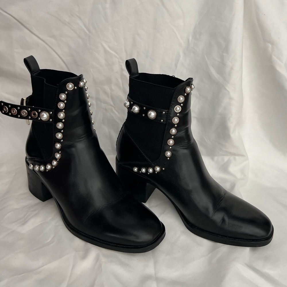 Black leather booties with pearl details gently worn